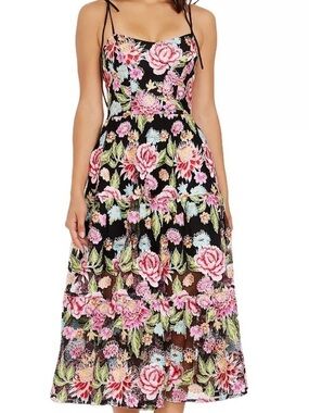 Dress the Population Black Floral Tie-Shoulder Midi Dress